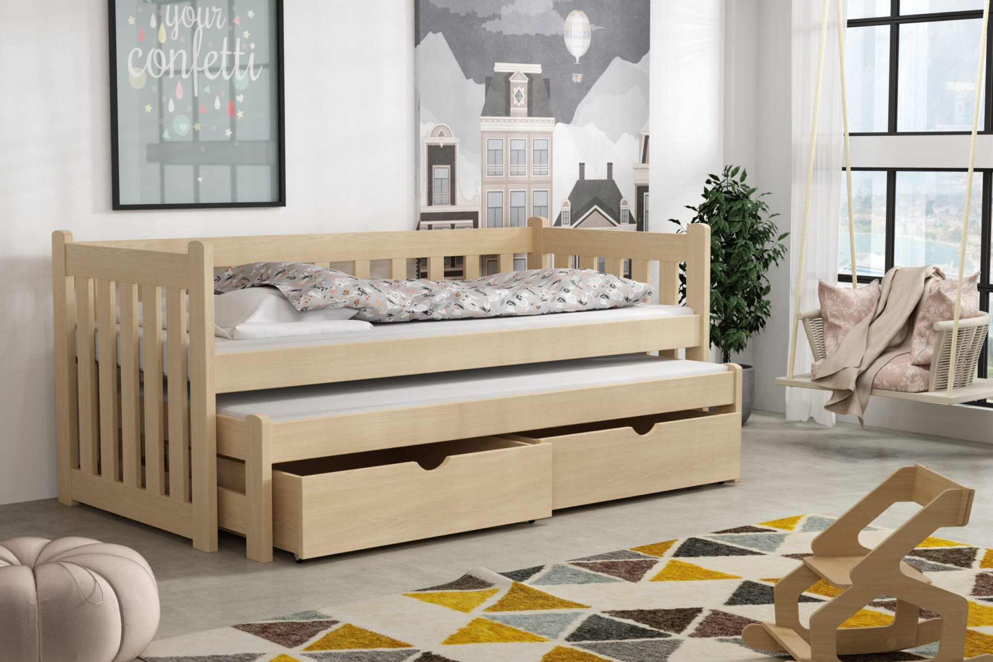 Dřevěná postel s výsuvnou přistýlkou KRZY 02 80x180 cm borovice masiv s úložným prostorem