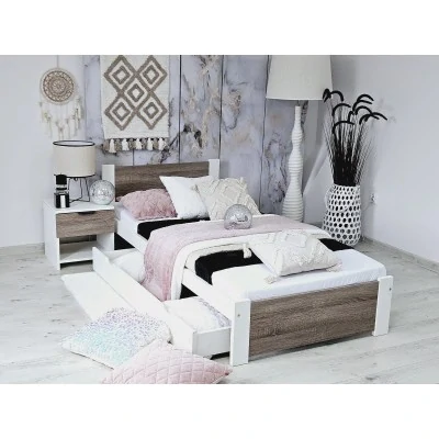 Dřevěná postel MD 09 100x200 cm borovice masiv bílá/MDF dub sonoma