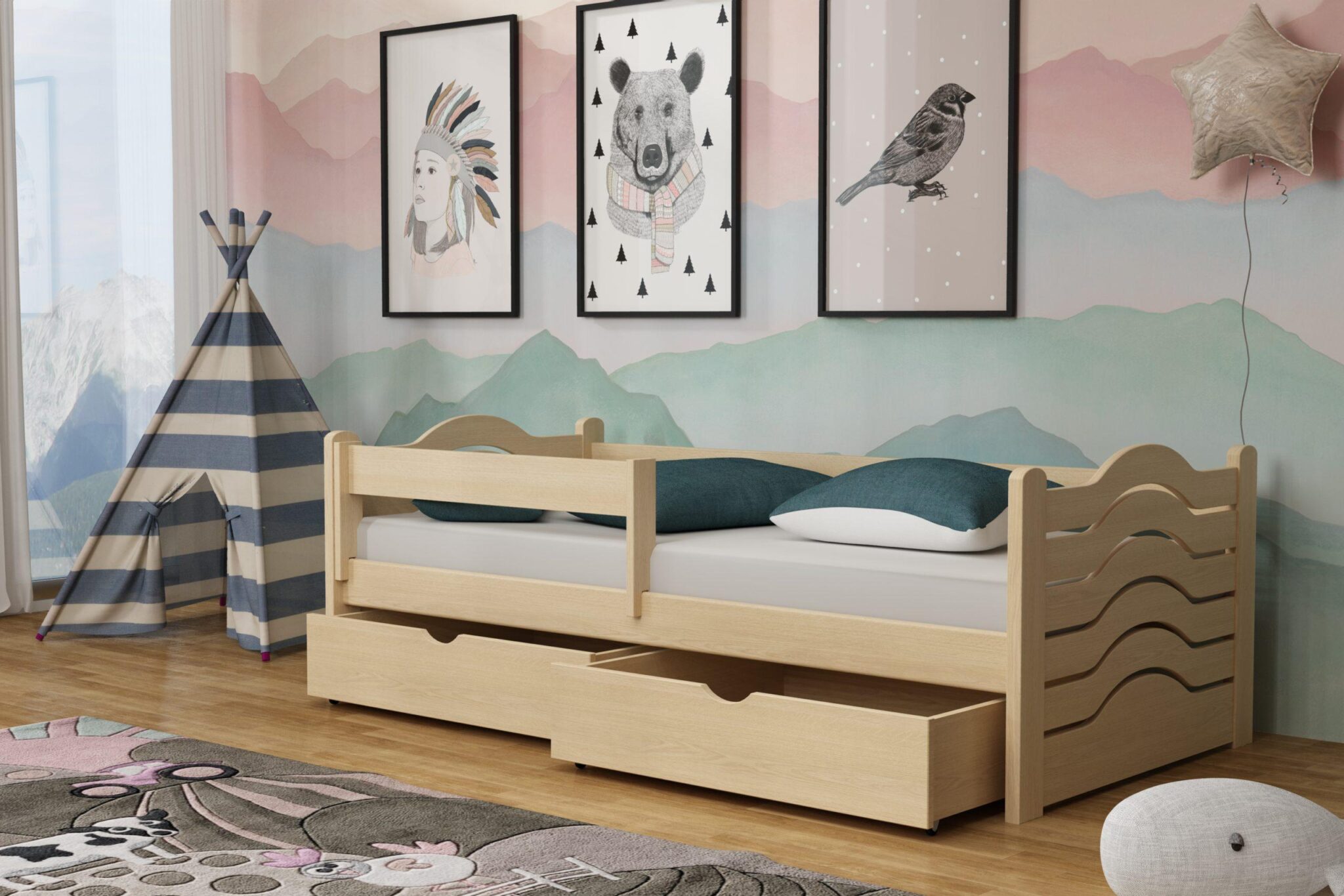 Dřevěná postel PINOKIO 04 90x200 cm borovice masiv s úložným prostorem