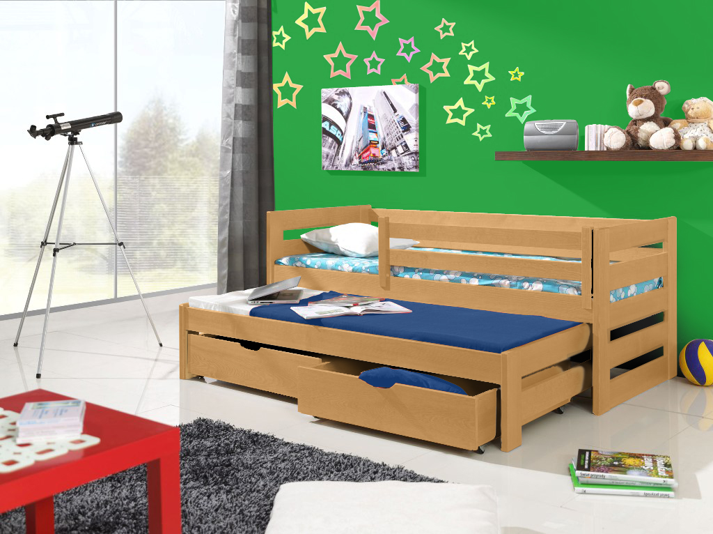 Dřevěná postel KUBA 200X90cm s přistýlkou a úložným prostorem borovice masiv