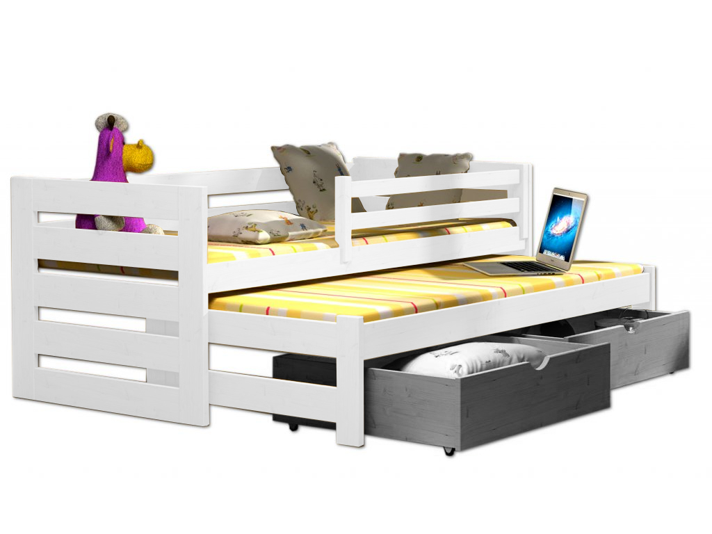 Postel WOOD-V 007 s výsuvným lůžkem 80x200 cm a úložným prostorem, masiv přírodní lakovaná