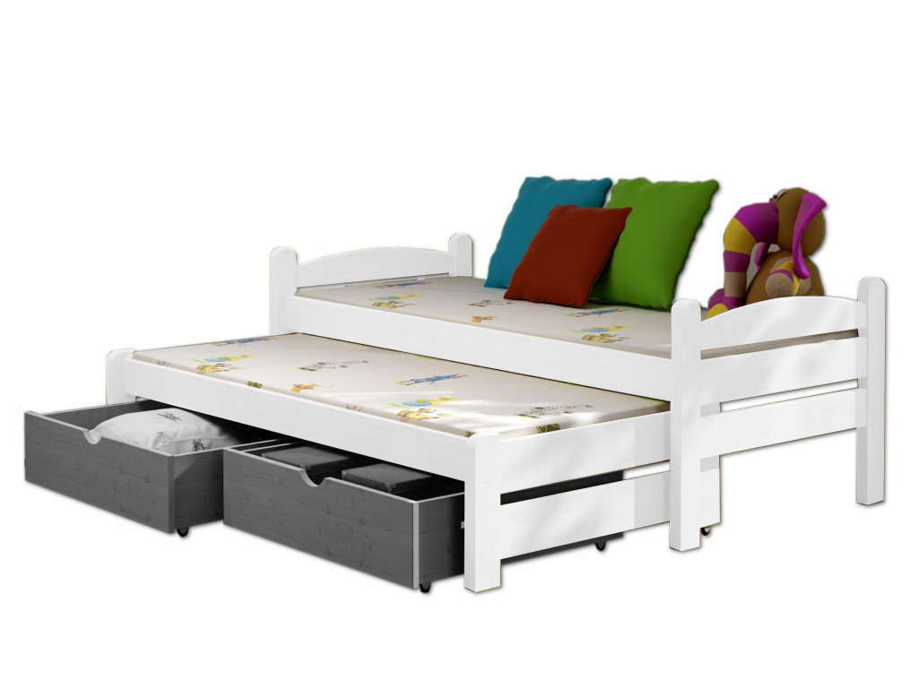 Postel WOOD-V 010 s výsuvným lůžkem borovice masiv 80x180 cm a úložným prostorem