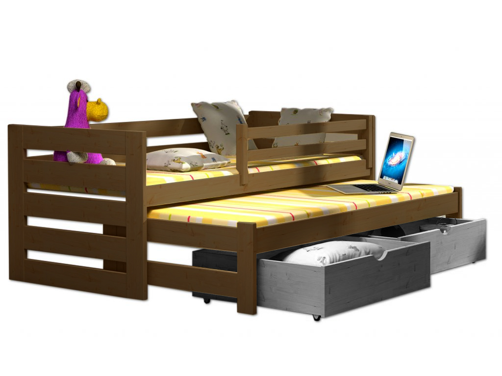 Postel WOOD-V 007 s výsuvným lůžkem borovice masiv 90x190 cm a úložným prostorem