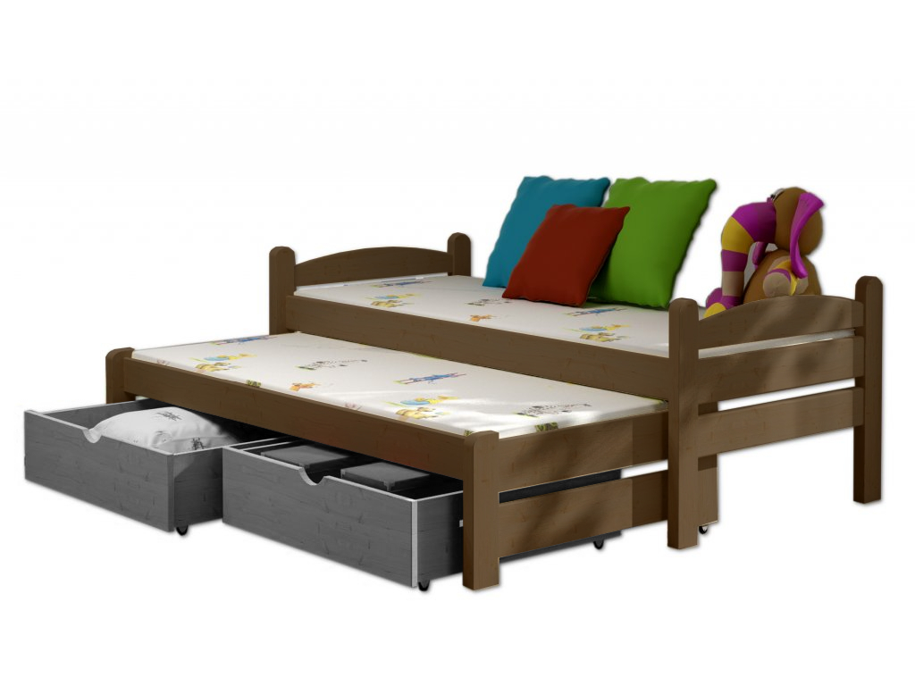 Postel WOOD-V 010 s výsuvným lůžkem borovice masiv 90x190 cm a úložným prostorem