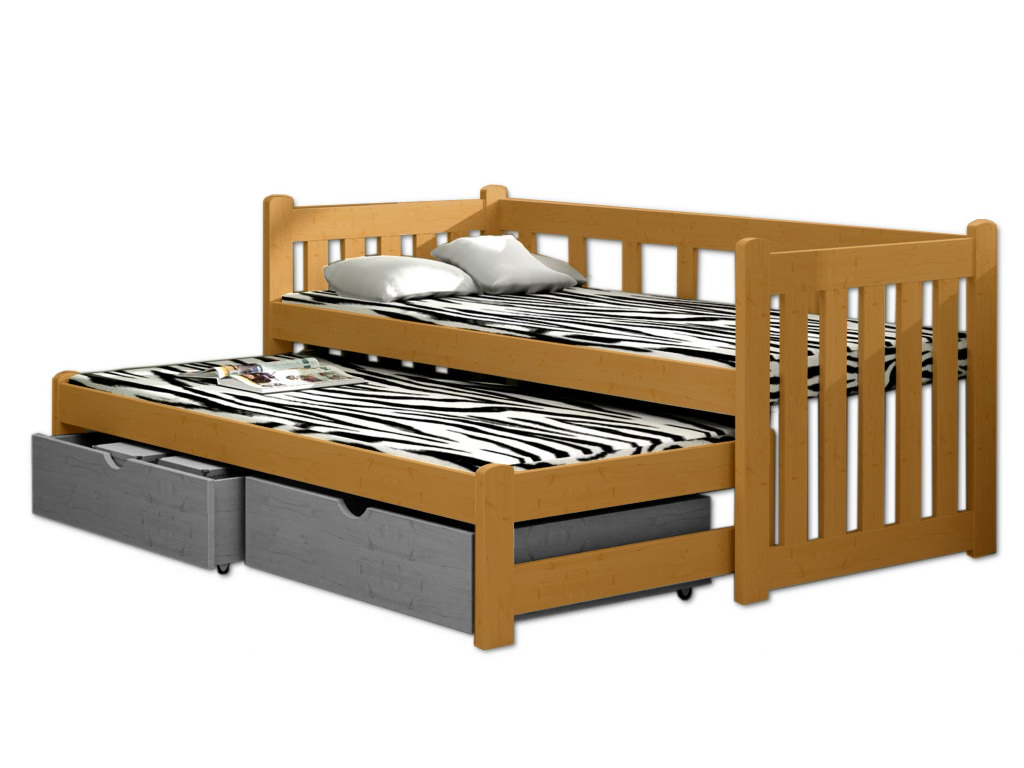 Postel WOOD-V 002 s výsuvným lůžkem borovice masiv 90x190 cm a úložným prostorem