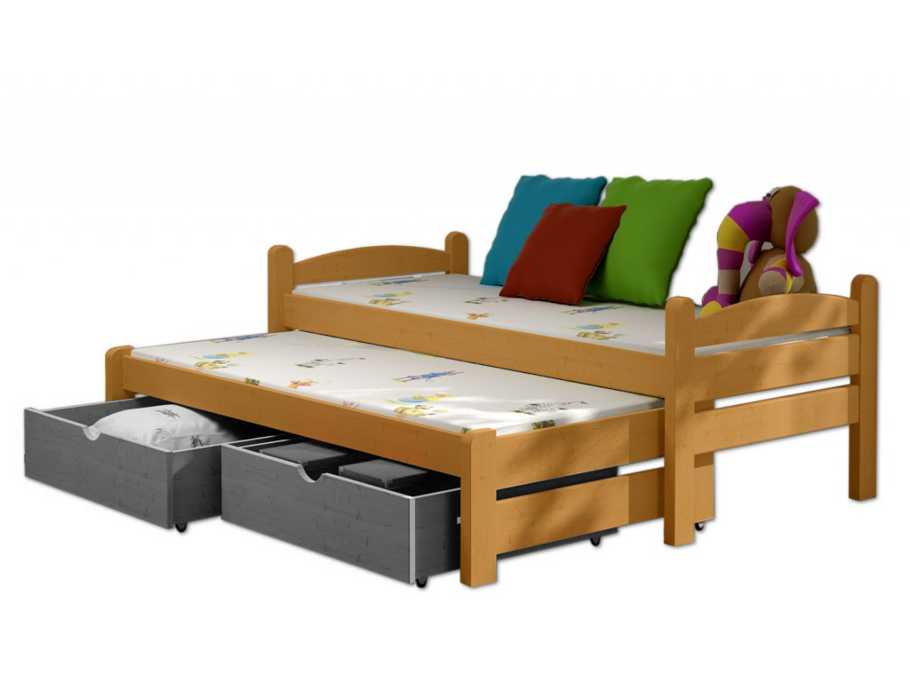 Postel WOOD-V 010 s výsuvným lůžkem borovice masiv 90x190 cm a úložným prostorem