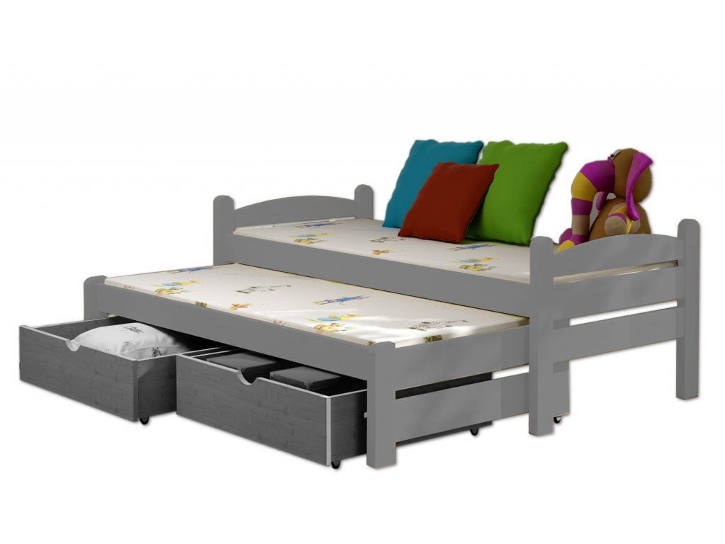 Postel WOOD-V 010 s výsuvným lůžkem 80x200 cm a úložným prostorem, masiv přírodní lakovaná