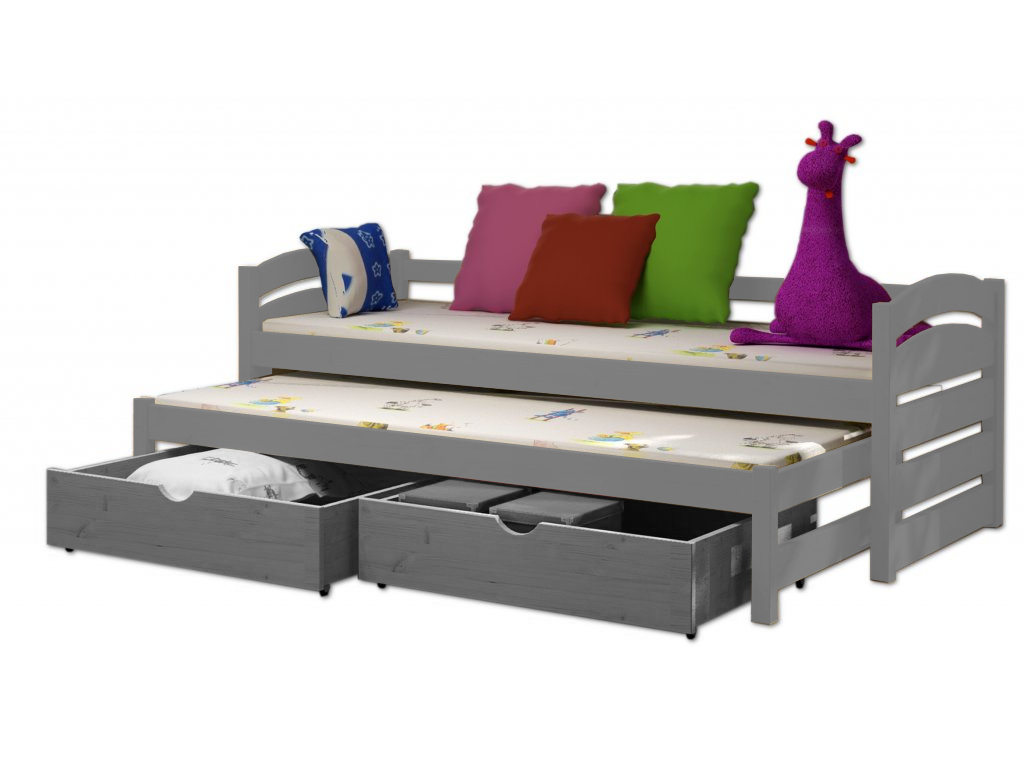 Postel WOOD-V 012 s výsuvným lůžkem 80x200 cm a úložným prostorem, masiv přírodní lakovaná